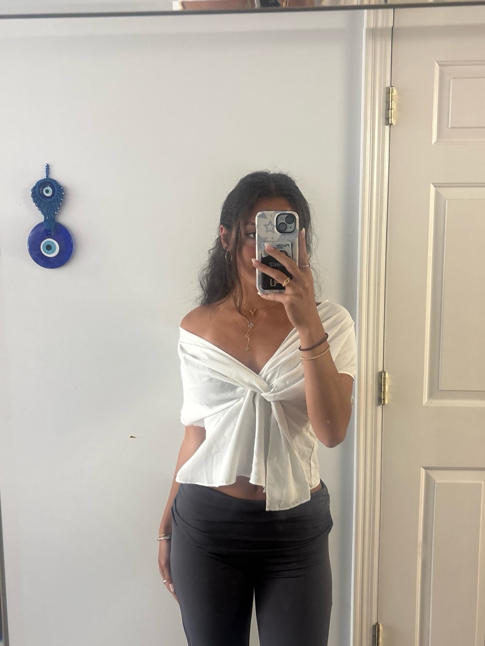Anne Klein White Off-Shoulder Knot Front Blouse